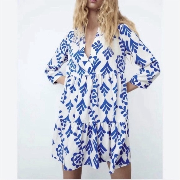 Zara Floral Blue and White V-Neck Mini Dress Size Small - Picture 11 of 11